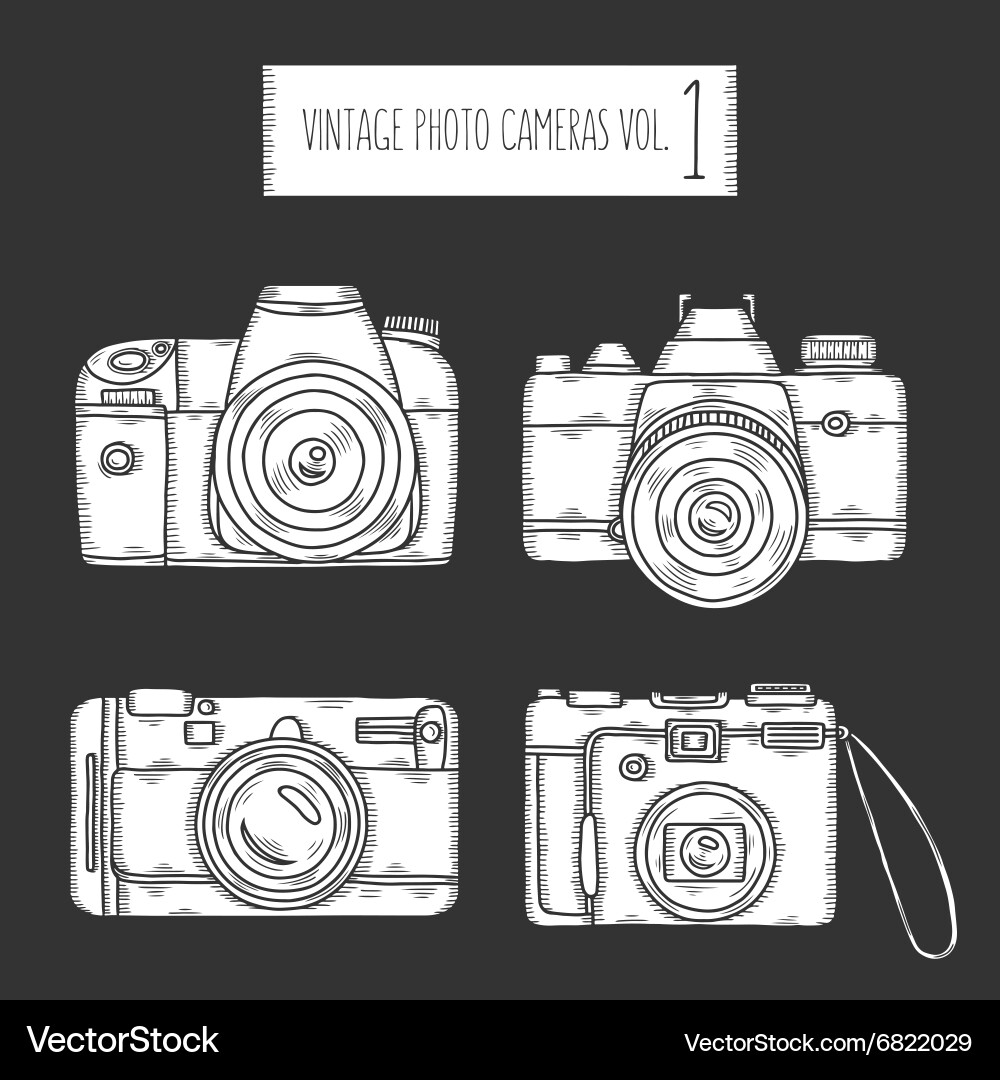Hand drawn photo cameras set vintage Vector Image