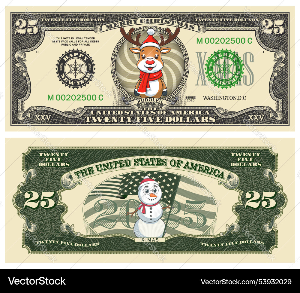 Holiday vintage usa 25 dollars cartoon rudolph Holiday vintage usa 25 dollars cartoon rudolph vector image