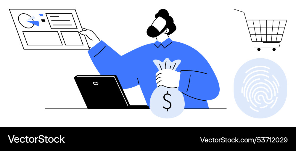 Man analyzing finances with laptop and visual data vector image