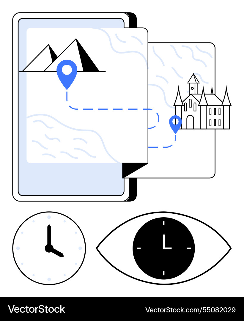 Mobile navigation with map pins clock and eye vector image