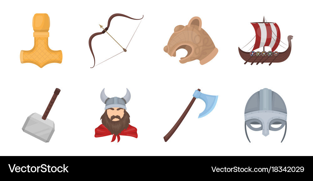 Vikings and attributes icons in set collection Vector Image