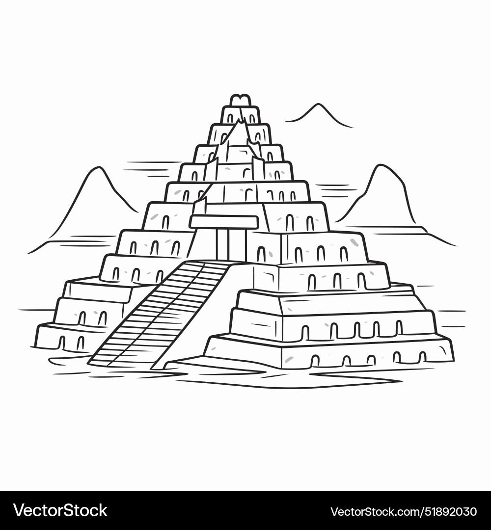 Black and white pyramid cartoon with mountains Black and white pyramid cartoon with mountains vector image