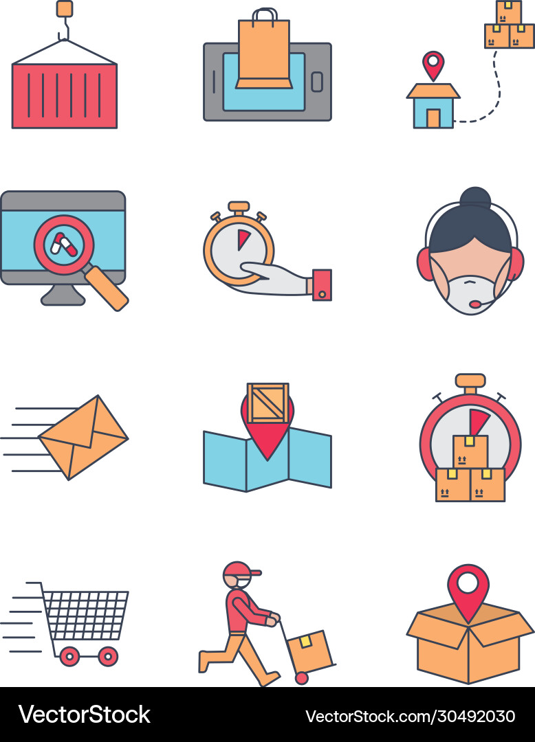 Boxes and fast delivery icon set line fill Vector Image