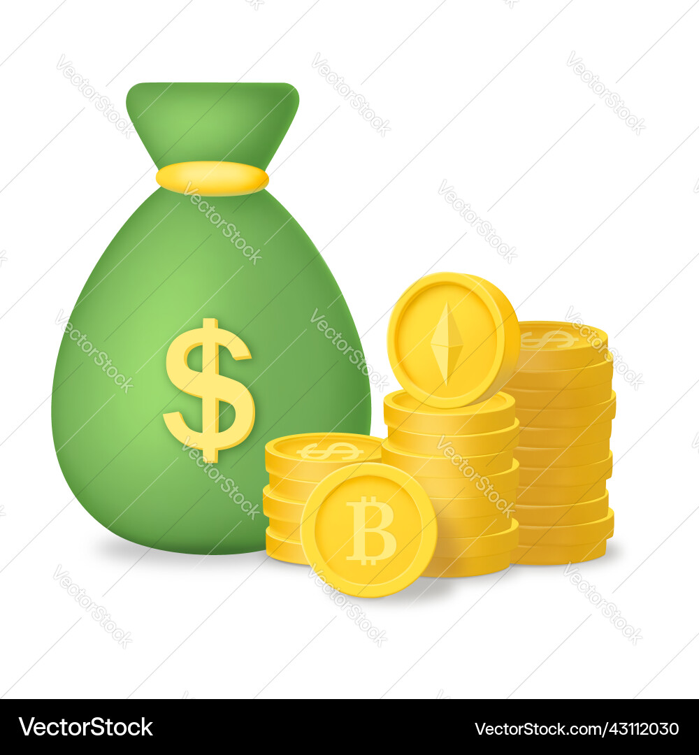 Money bag 3d render icon with cryptocurrency coin – Royalty-Free Vector |  VectorStock