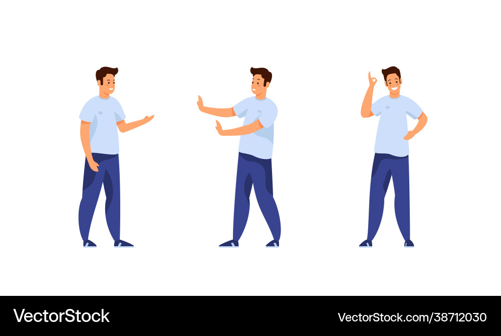 Young man various gestures set guy in jeans Young man various gestures set guy in jeans vector image