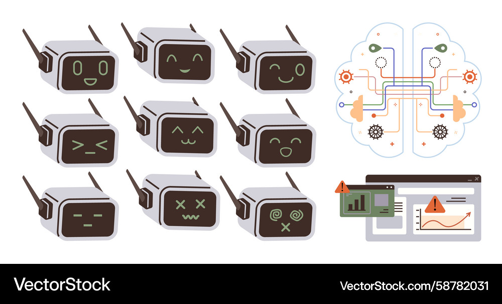Ai emotions with robot faces and neural network Vector Image
