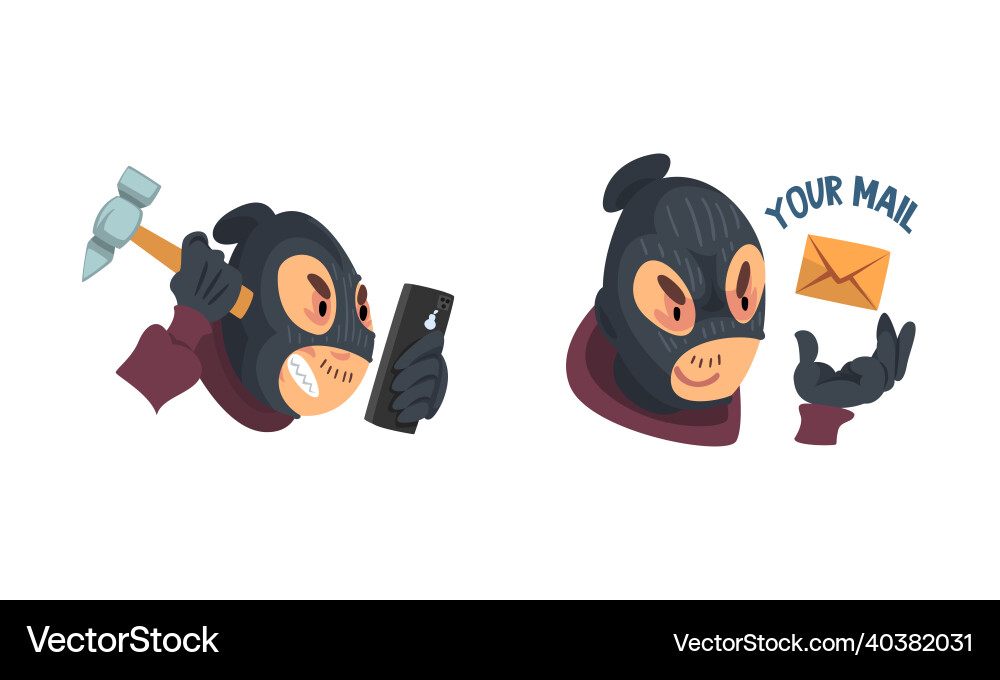 Hacker in black mask breaking password and mobile Hacker in black mask breaking password and mobile vector image