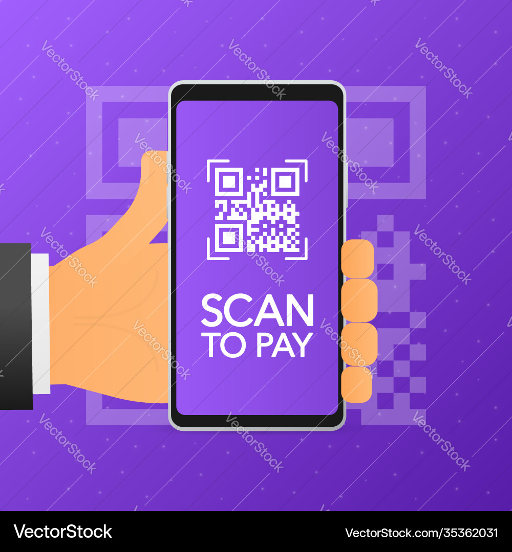 Hand holds phone with scan qr code to pay Hand holds phone with scan qr code to pay vector image