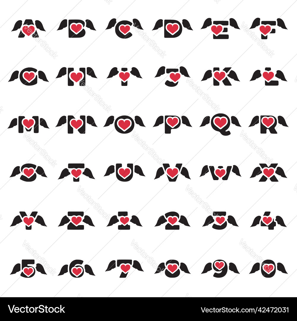 Set of letters and numbers with heart symbol vector image