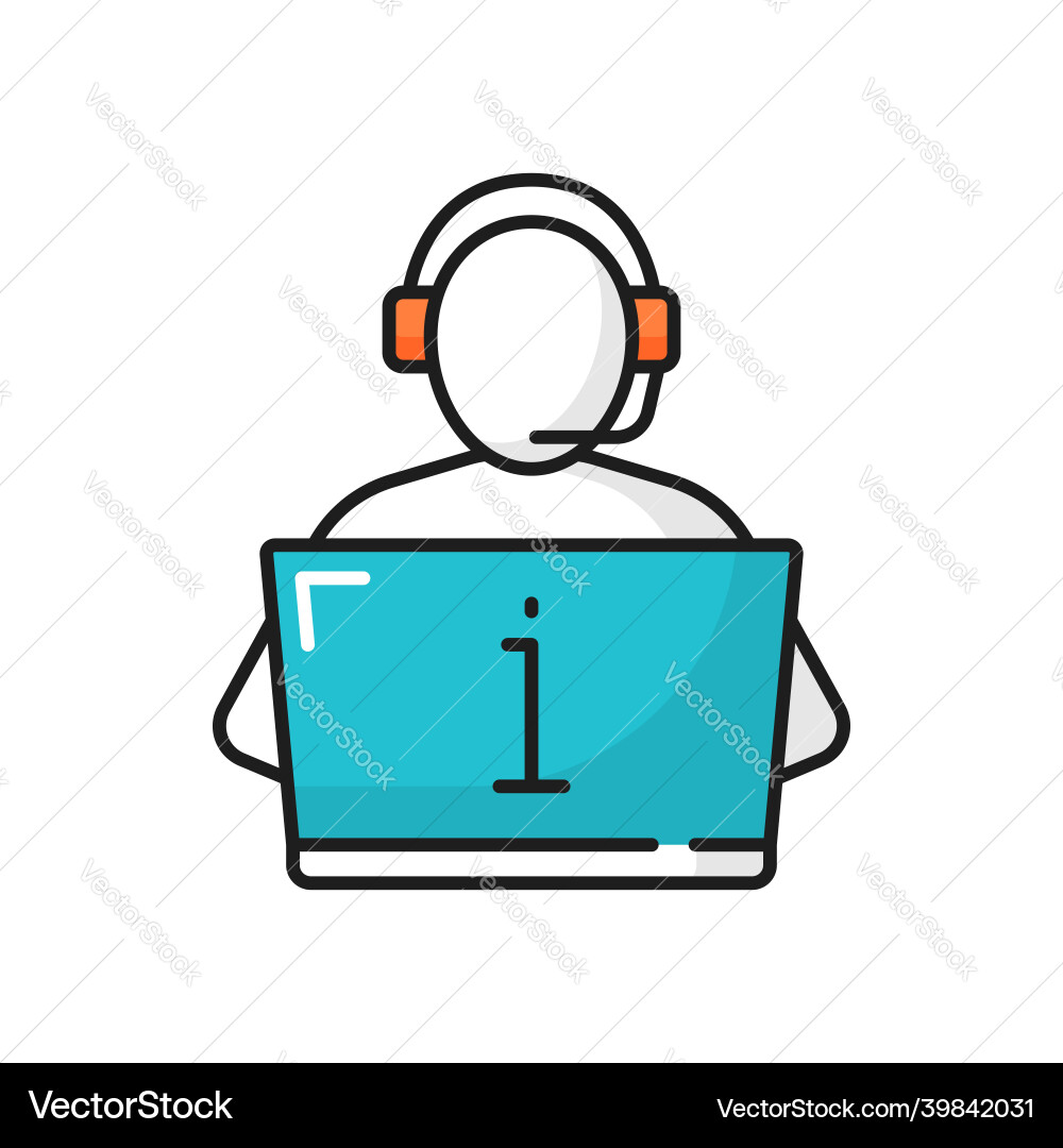Support center operator in headset type on laptop Support center operator in headset type on laptop Vector Image
