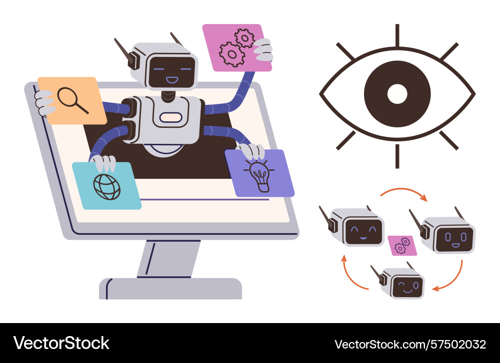 Multitasking ai robot handling data and symbols Multitasking ai robot handling data and symbols vector image
