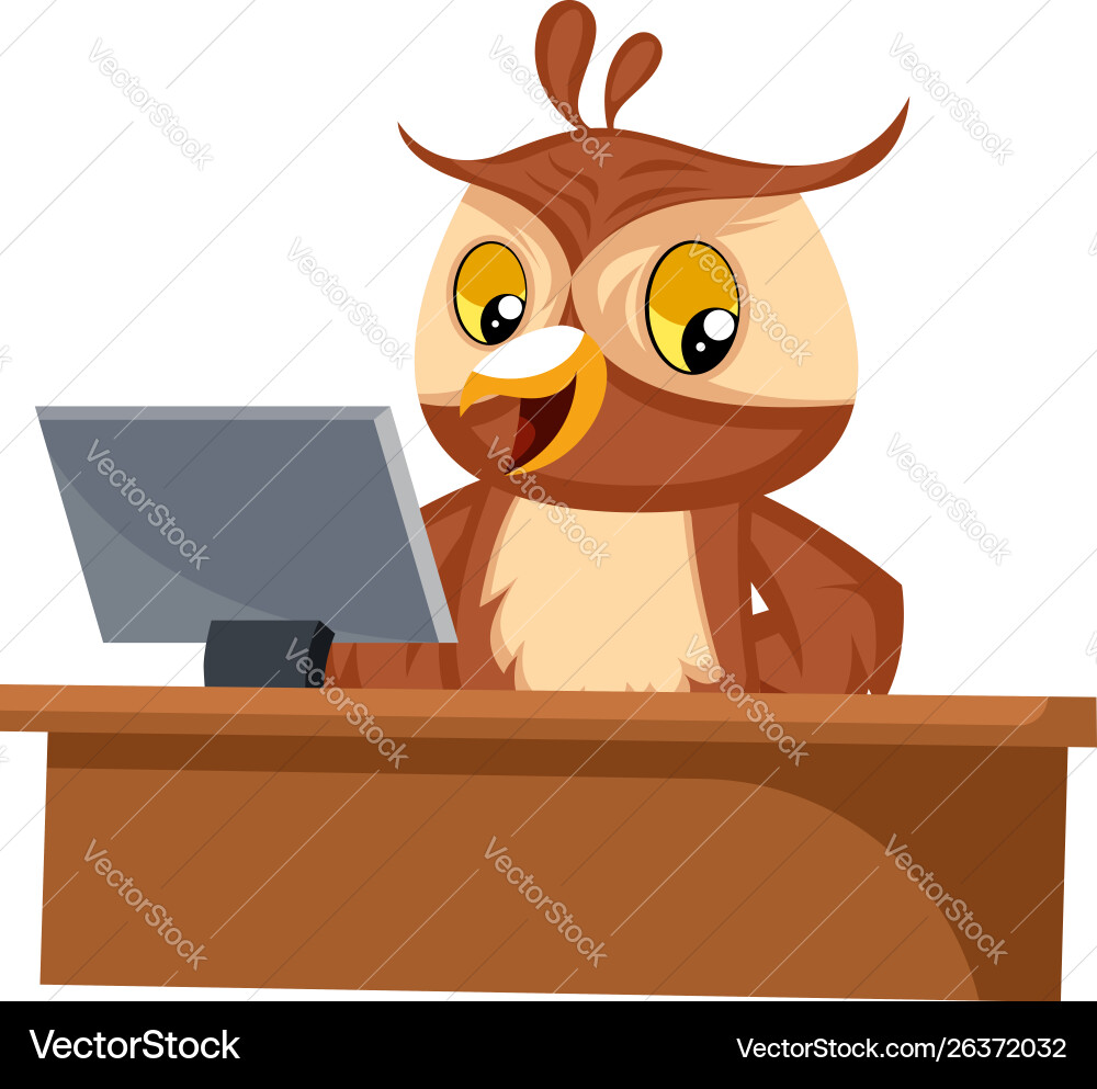 Owl working on computer white background vector image