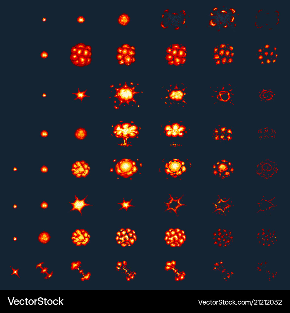 Pixel art explosions game icons set comic boom Pixel art explosions game icons set comic boom vector image