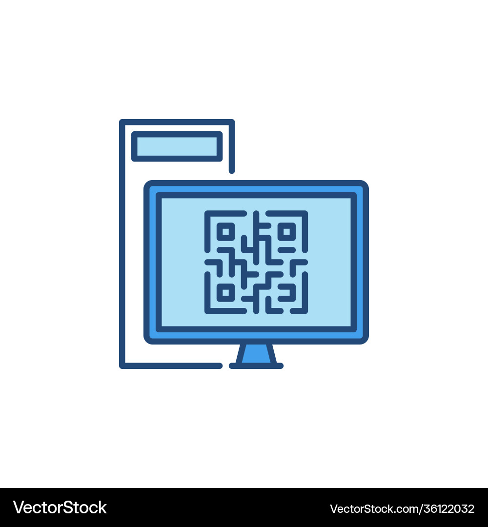 Qr code on desktop computer screen colored vector image