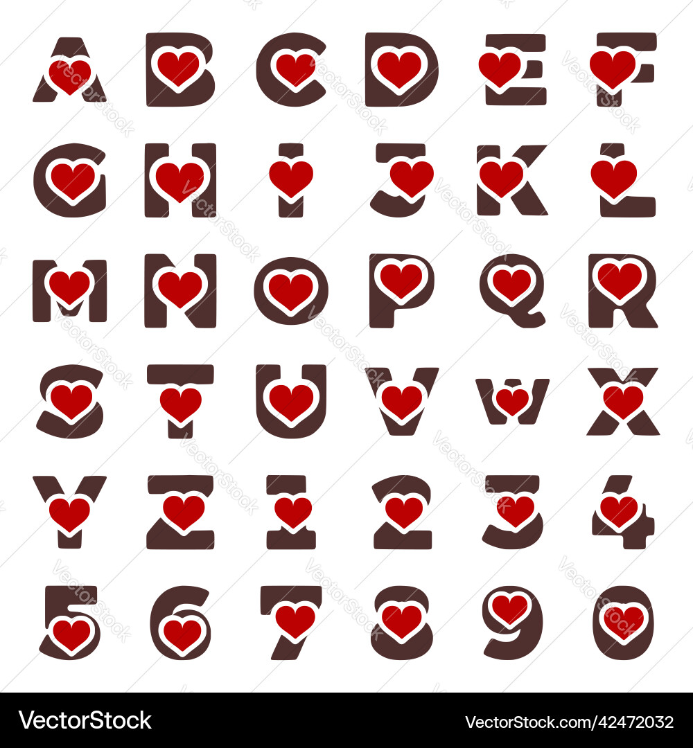 Set of letters and numbers with heart symbol Set of letters and numbers with heart symbol vector image