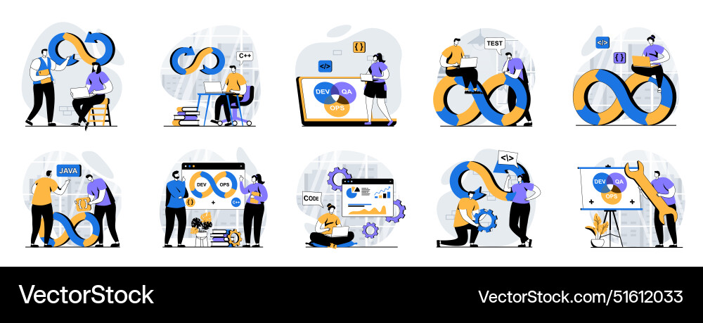 Devops web concept mit menschenszenen mega set Vektorbild