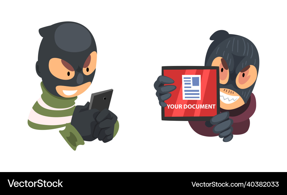 Hacker in black mask breaking password and mobile Hacker in black mask breaking password and mobile Vector Image