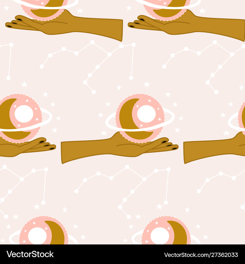 Hands and celestial elements in a seamless Hands and celestial elements in a seamless Vector Image