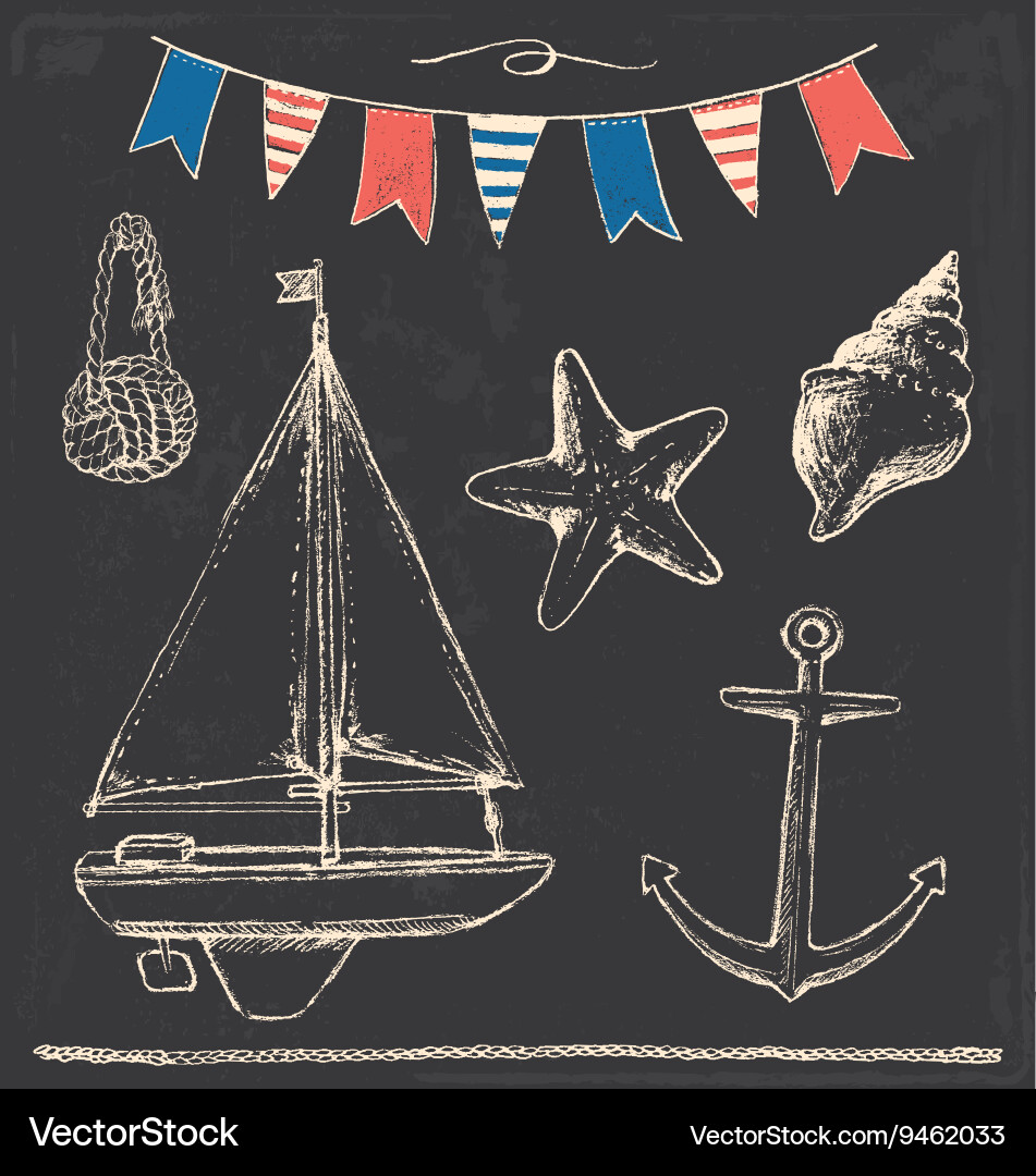 Nautical Sea Elements Chalk Set - Anchor, Boat & F Vector Image