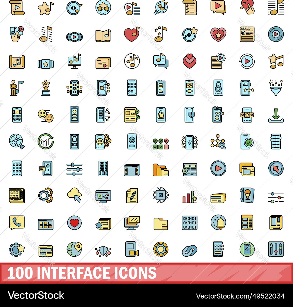 100 interface icons set color line style 100 interface icons set color line style vector image