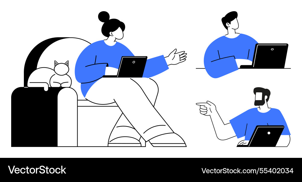 Remote team collaborating with laptops during Remote team collaborating with laptops during vector image