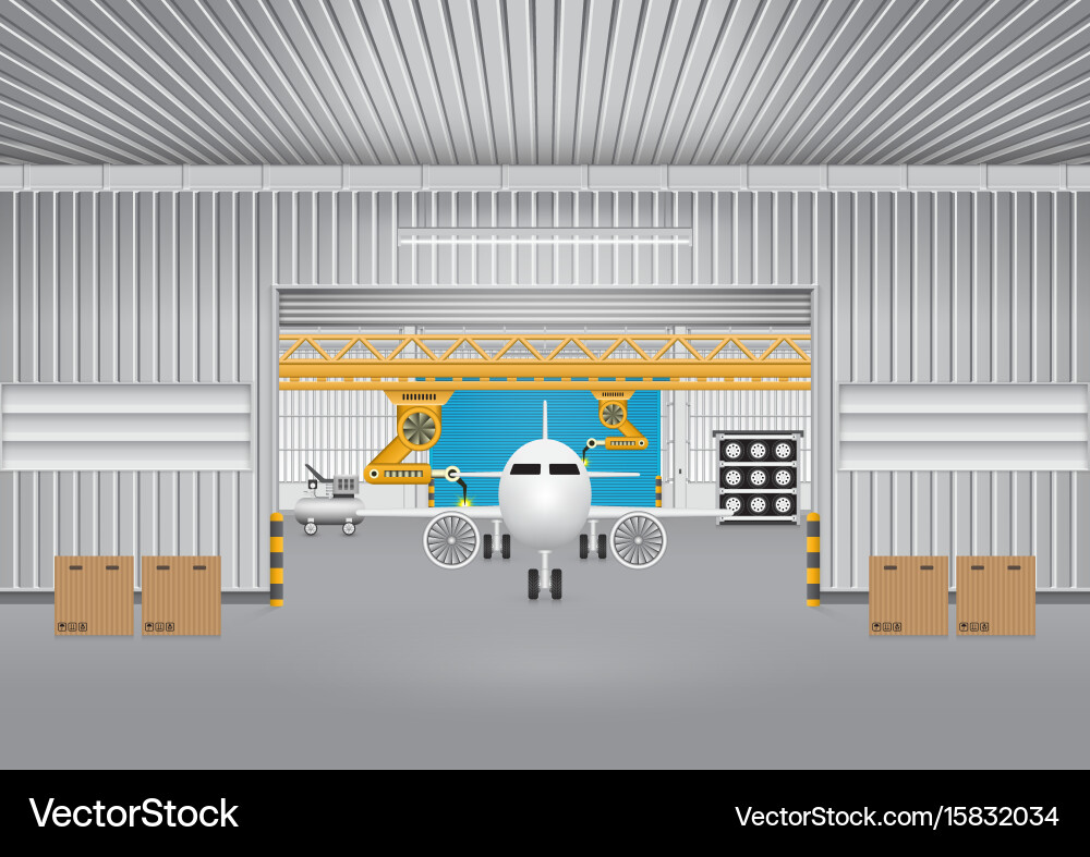 Robot with Airplane in Factory vector image
