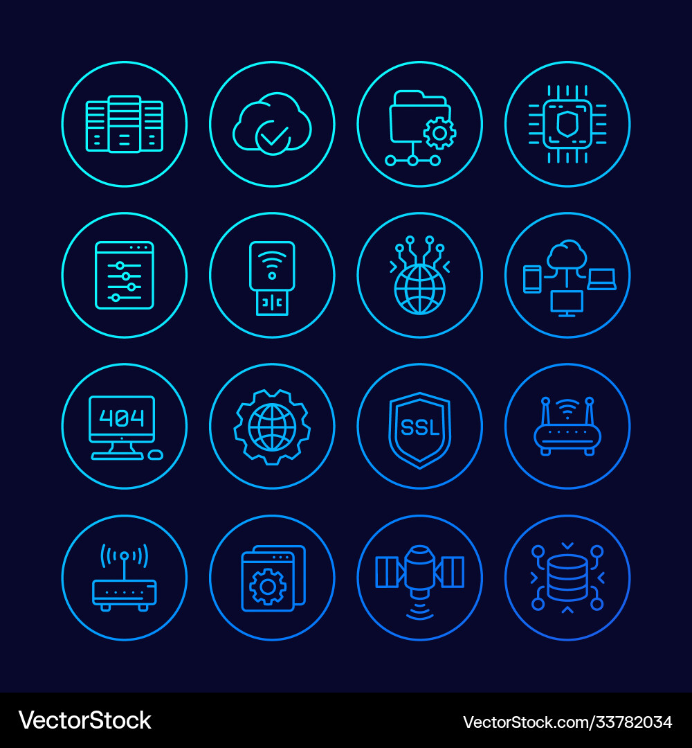 Servers network hosting and data line icons set vector image