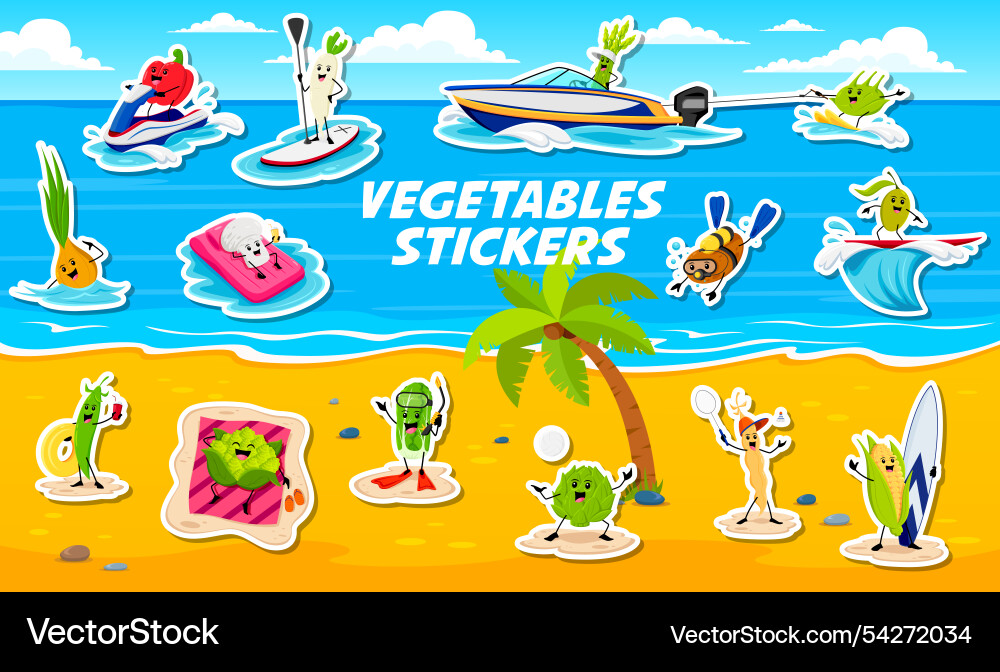 Stickers pack of cartoon vegetable on vacation Stickers pack of cartoon vegetable on vacation vector image