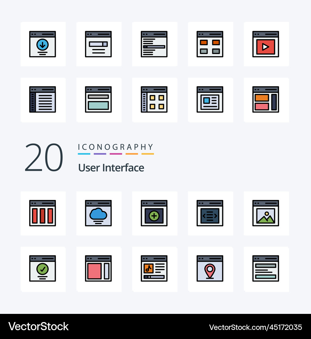 20 user interface line filled color icon pack vector image