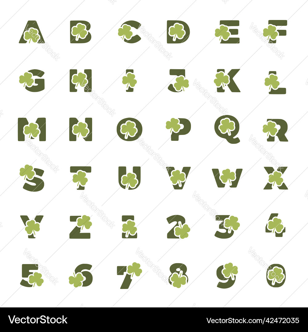 Set of creative letters and numbers with clover Vector Image