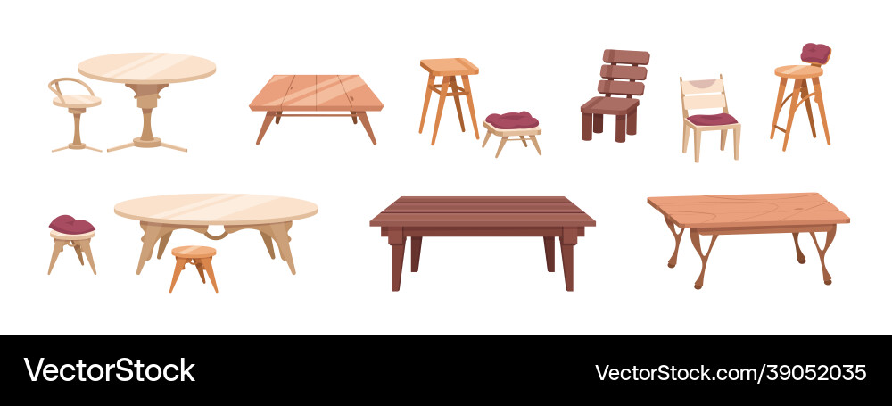 Wooden furniture cartoon tables and chairs Wooden furniture cartoon tables and chairs vector image