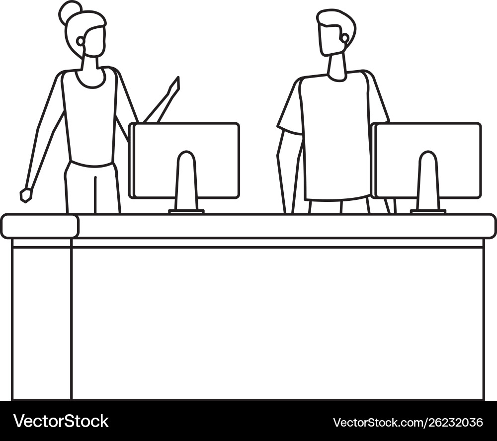 Couple working in desk with computers Couple working in desk with computers vector image