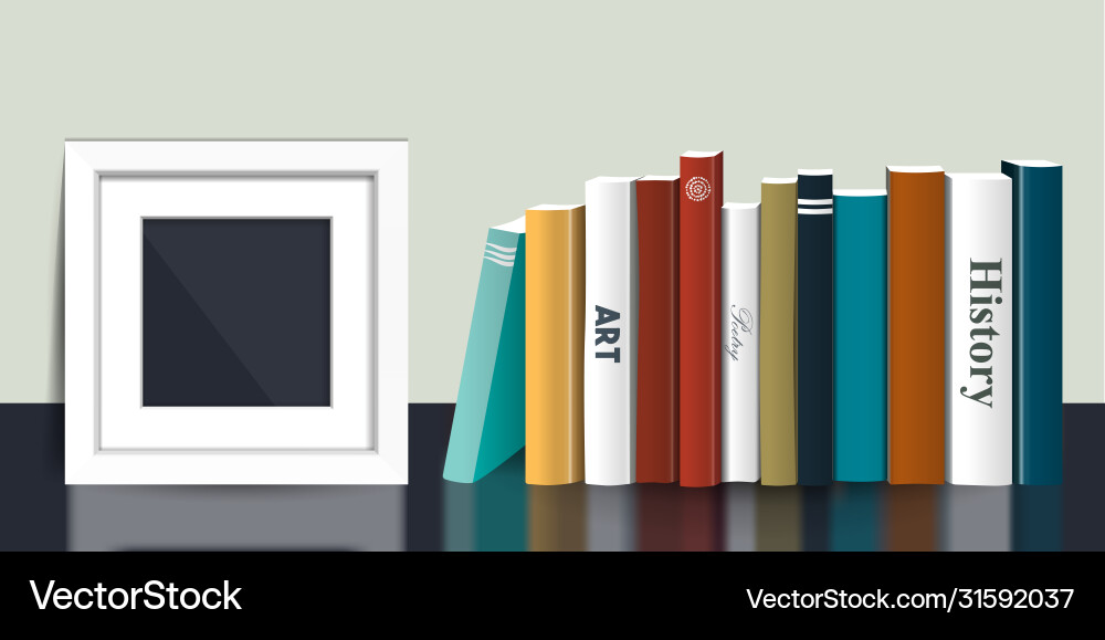Book shelf with picture mock up frame realistic Book shelf with picture mock up frame realistic vector image