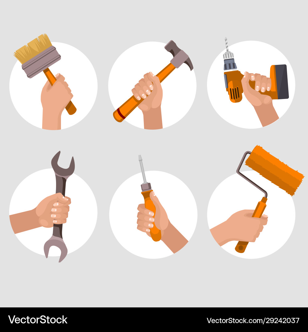Cartoon color different hands holding construction Cartoon color different hands holding construction vector image