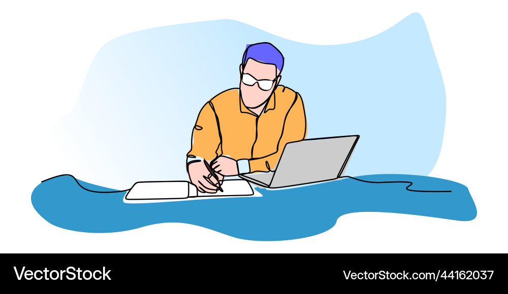 Man working in front of laptop computer drawing Man working in front of laptop computer drawing vector image