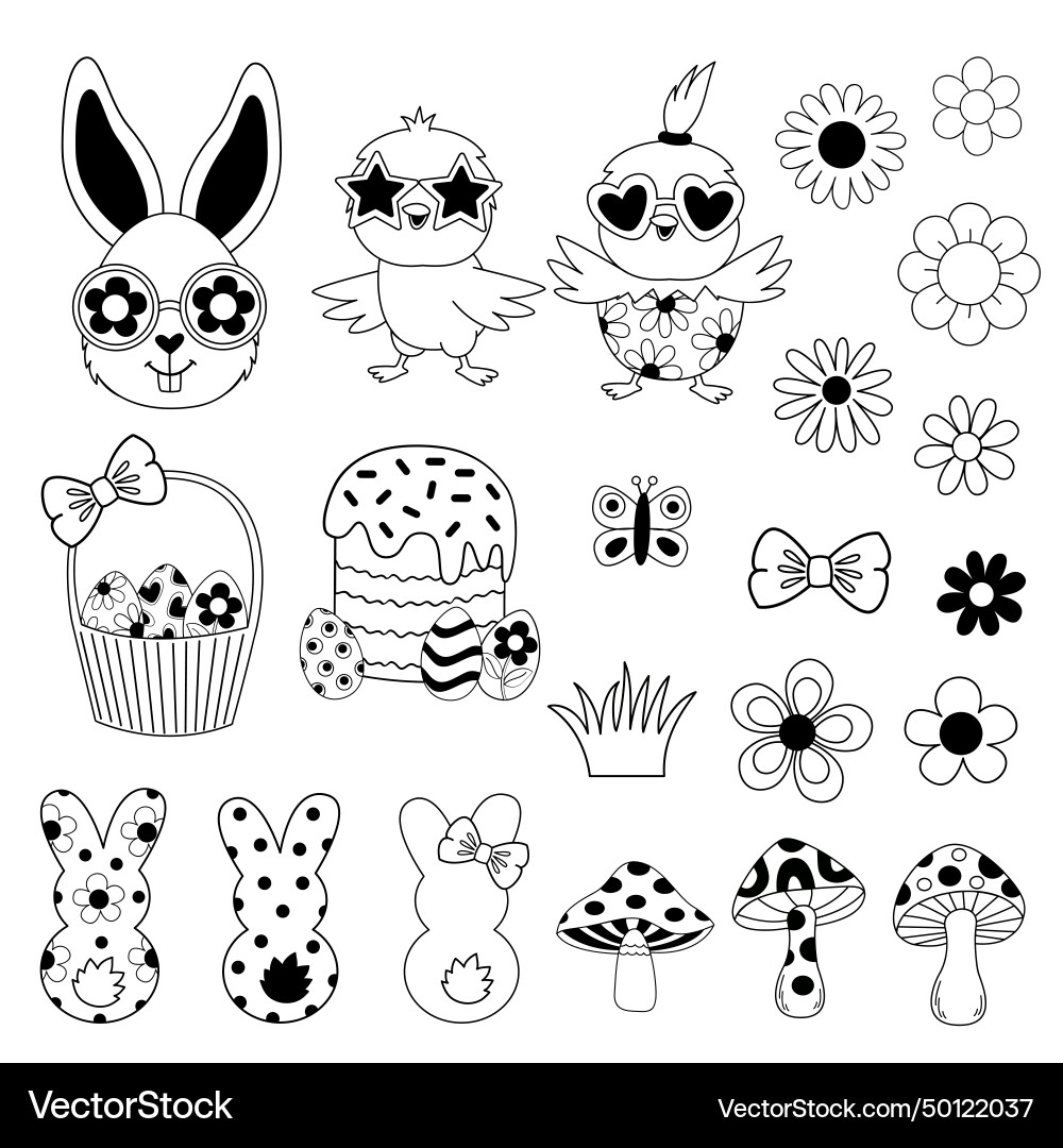Set of isolated outline retro easter rabbit Vector Image