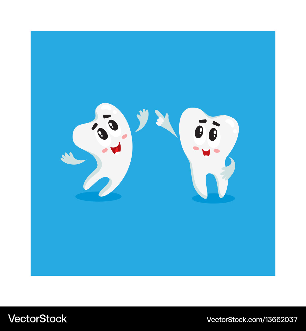 Two funny tooth characters looking pointing up vector image