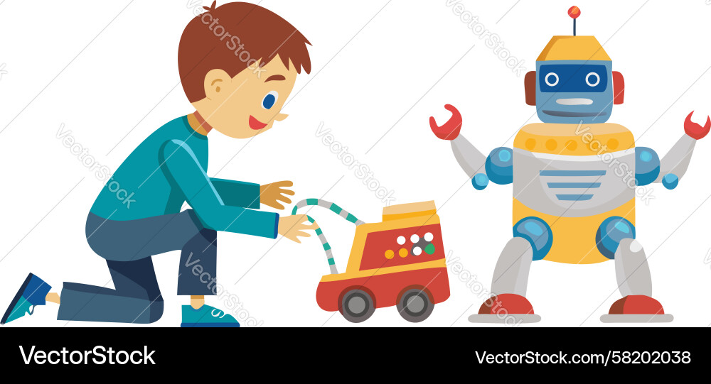 Boy Playing with Robot and Blocks Vector Image