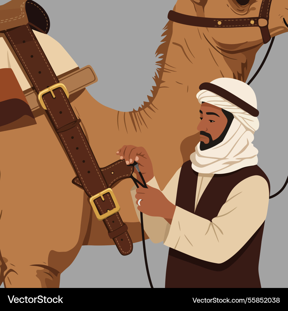 Man preparing camel with saddle for desert journey Vector Image