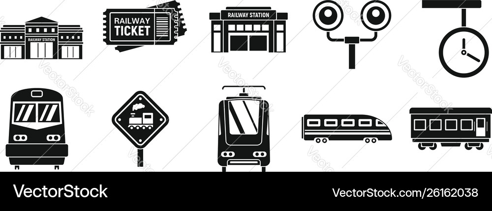 Modern railway station icons set simple style Modern railway station icons set simple style vector image