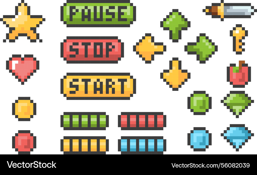 Pixel art game buttons and icons Vector Image