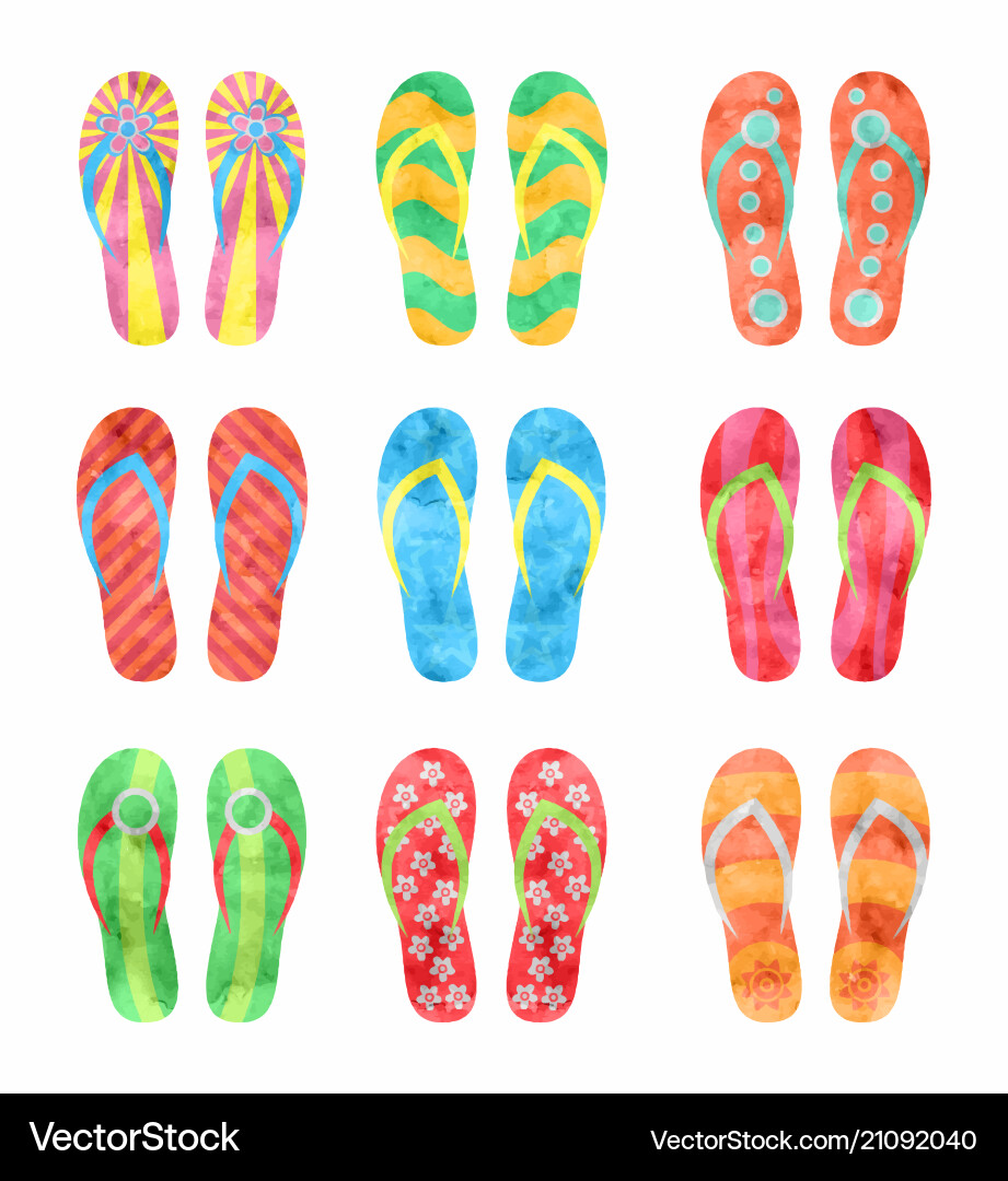 Colorful flip flops set in watercolor Colorful flip flops set in watercolor vector image