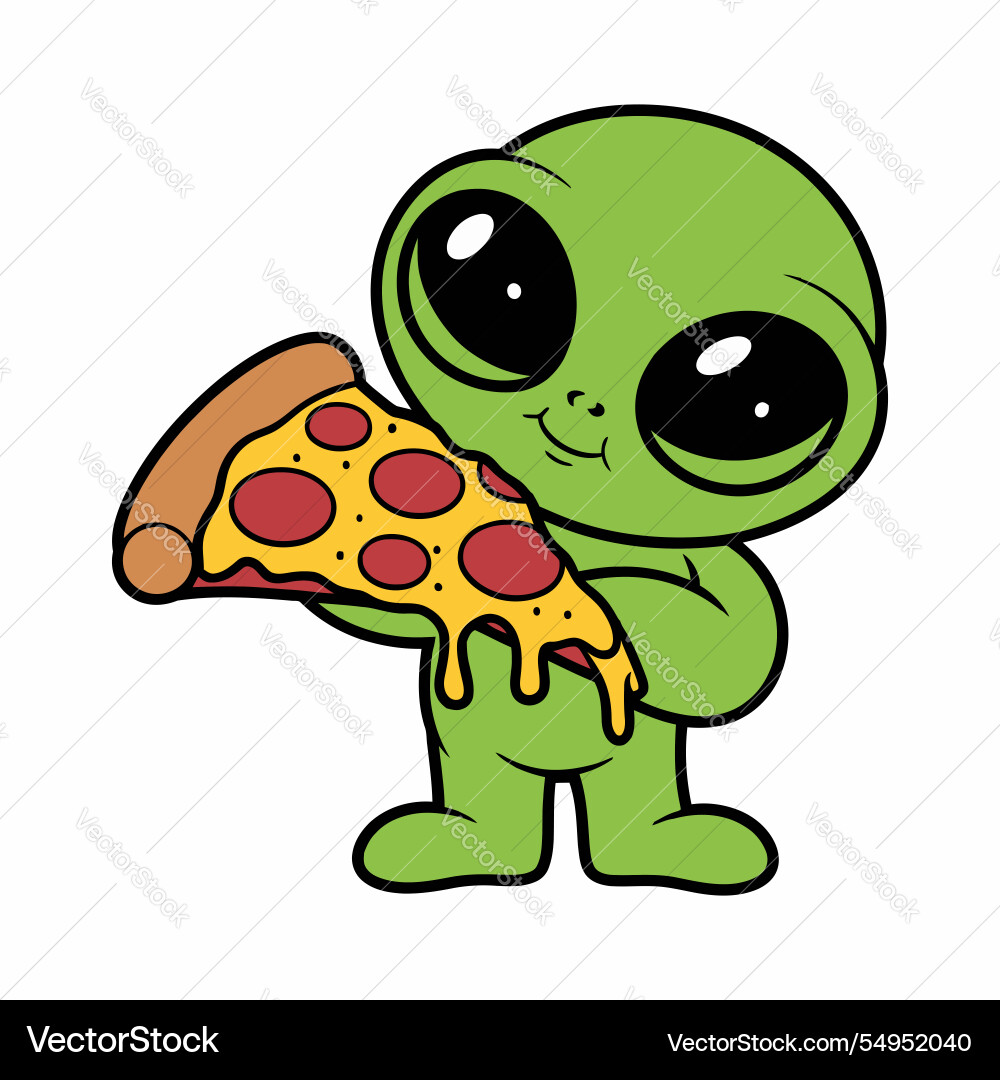 Süße grüne Alien halten Pfefferoni Pizza Scheibe Süße grüne Alien halten Pfefferoni Pizza Scheibe vektorbild