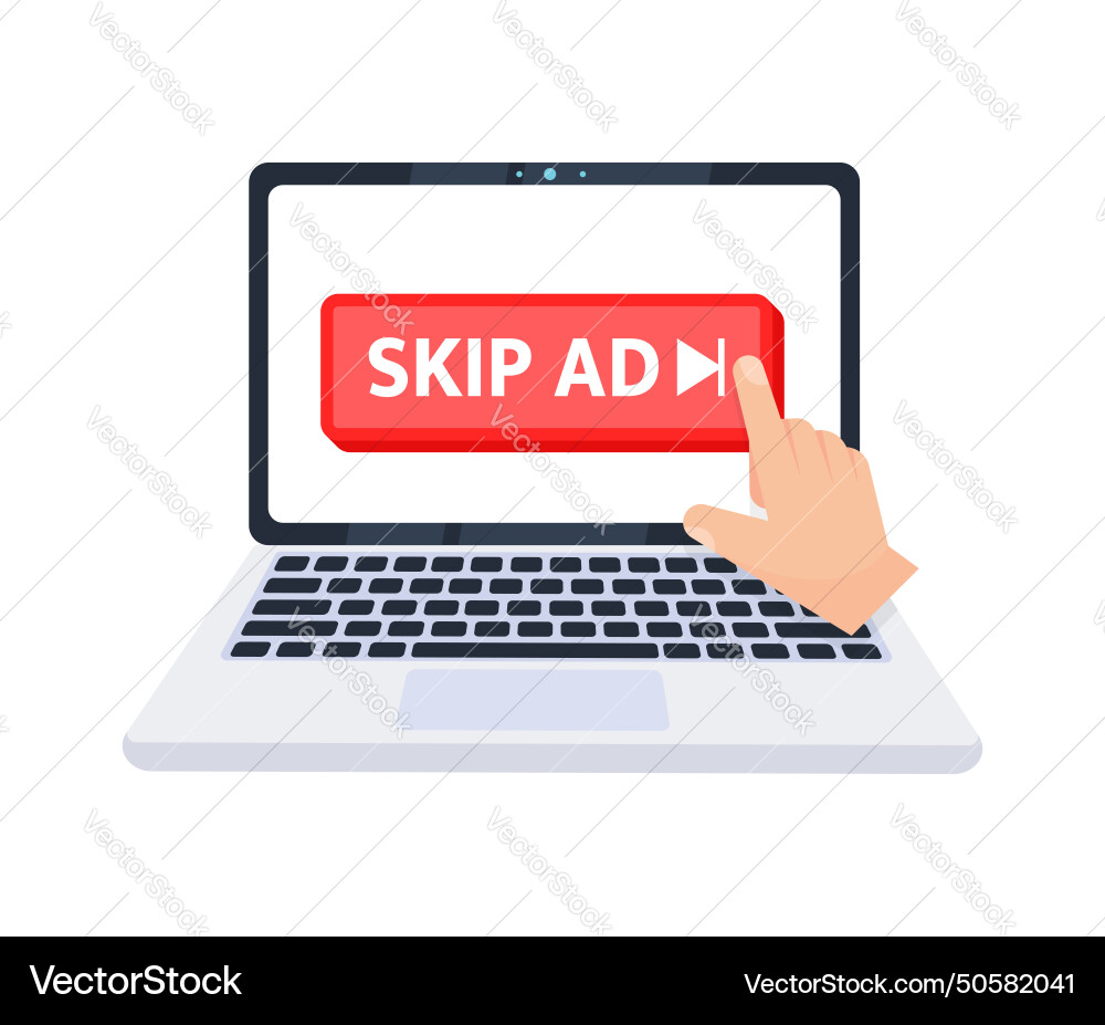 Hand pointer clicking on a skip ad button Hand pointer clicking on a skip ad button vector image