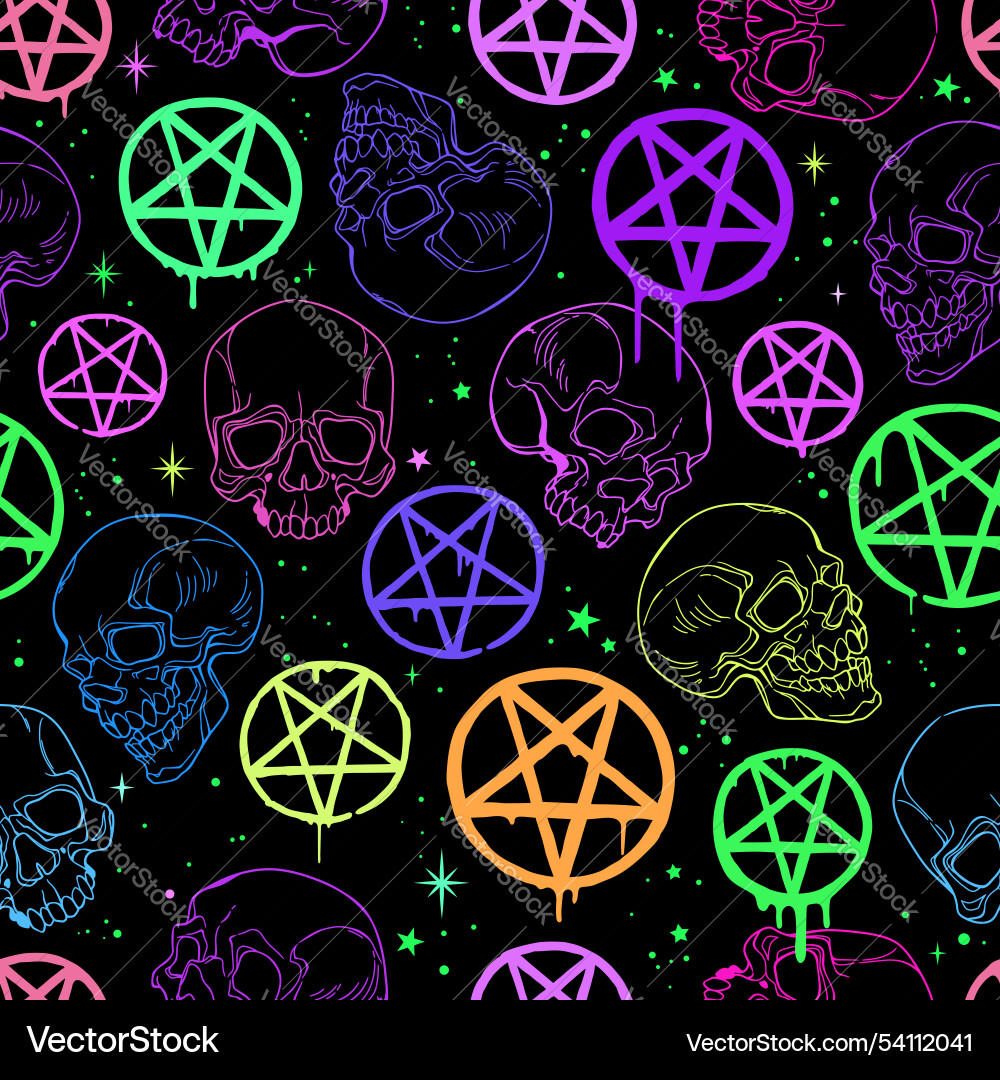 Seamless pattern of bright skulls and pentagrams Vector Image