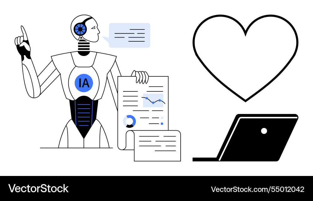 Ai robot analyzing data with laptop and heart Ai robot analyzing data with laptop and heart vector image