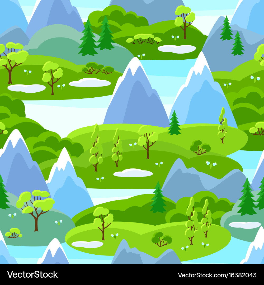 Spring seamless pattern with trees mountains vector image