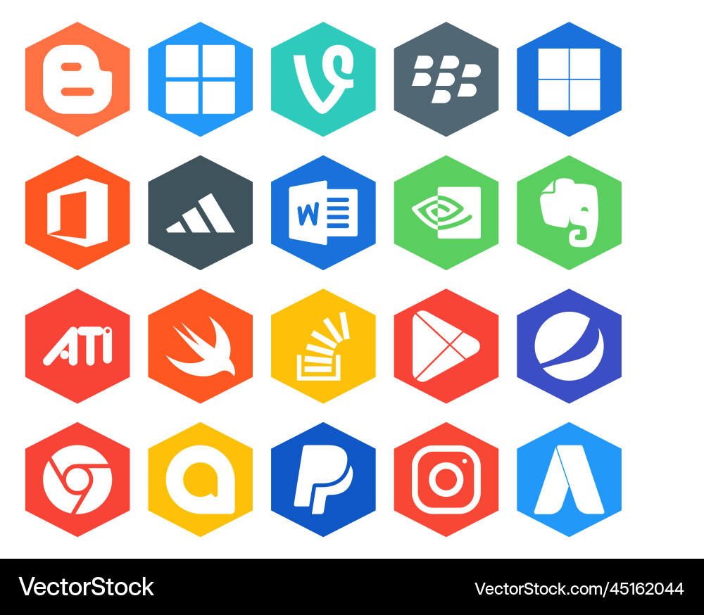 20 social media icon pack including apps overflow Vector Image