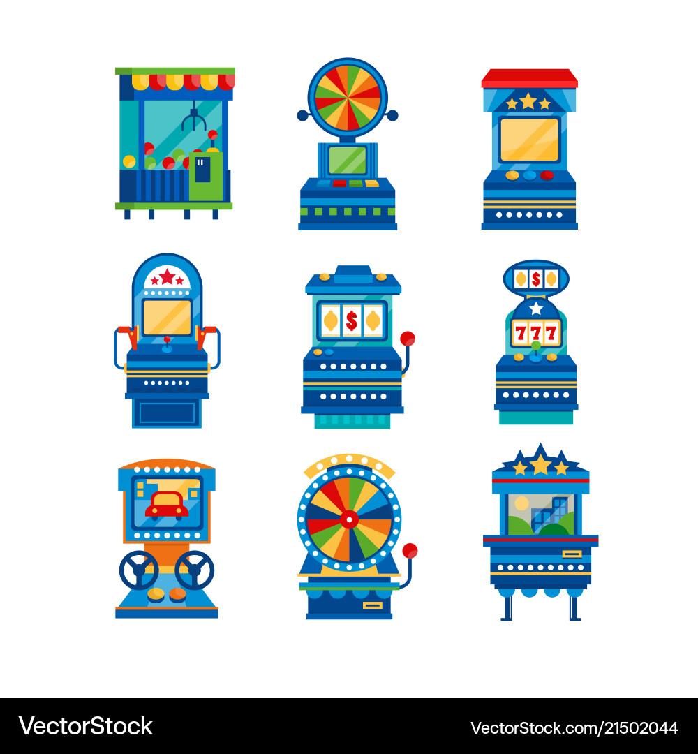 Arcade game machines set retro casino slot gaming Arcade game machines set retro casino slot gaming vector image