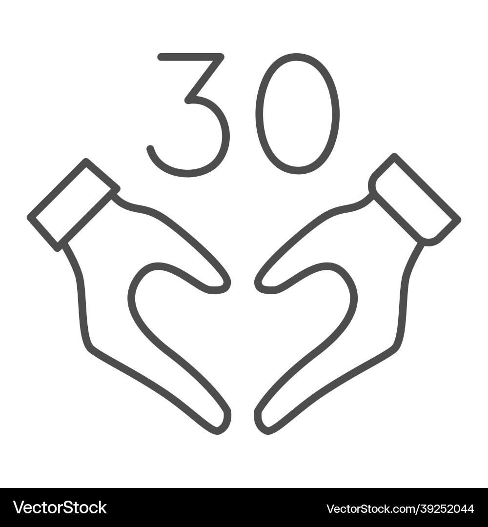Hands in heart shape and number 30 thin line icon Hands in heart shape and number 30 thin line icon vector image
